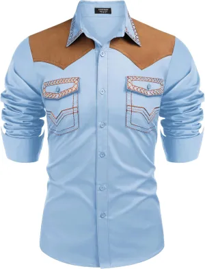 COOFANDY Men's Western Cowboy Shirt Embroidered Long Sleeve Slim Fit Casual Cotton Button Down Hippie Shirts with Pockets