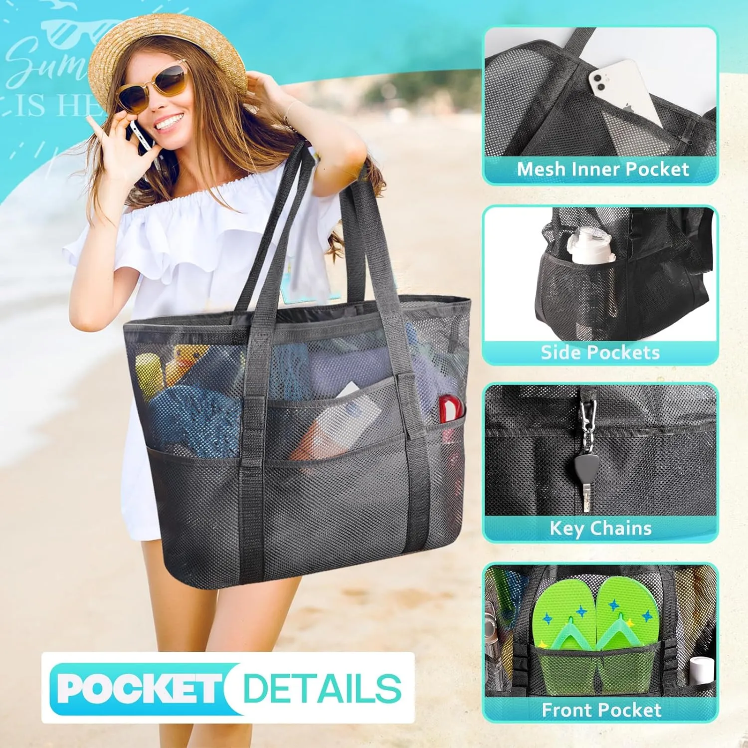 EASYFUN Beach Bag Large Mesh Beach Bag Lightweight Beach Tote with 9 Pockets Foldable Beach Accessories