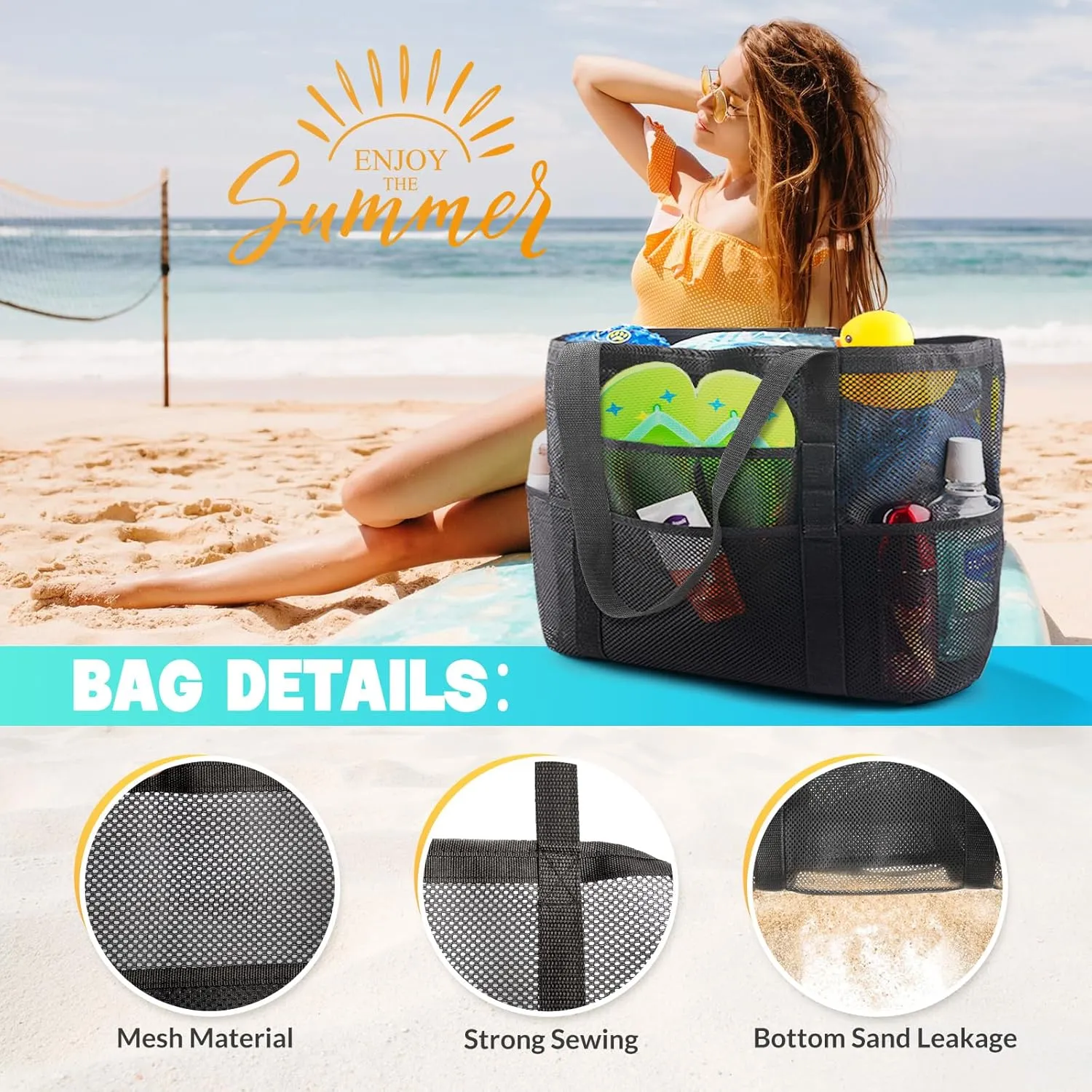 EASYFUN Beach Bag Large Mesh Beach Bag Lightweight Beach Tote with 9 Pockets Foldable Beach Accessories