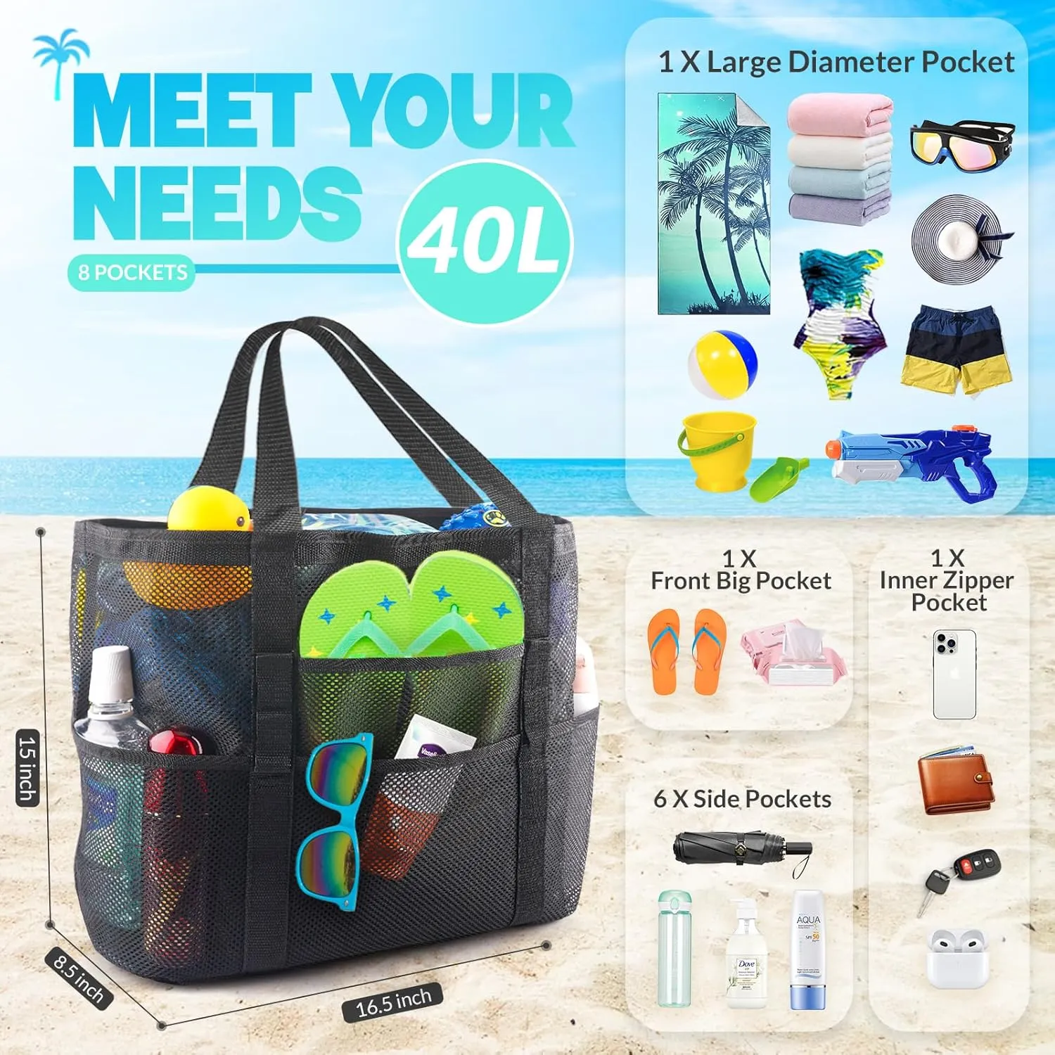 EASYFUN Beach Bag Large Mesh Beach Bag Lightweight Beach Tote with 9 Pockets Foldable Beach Accessories