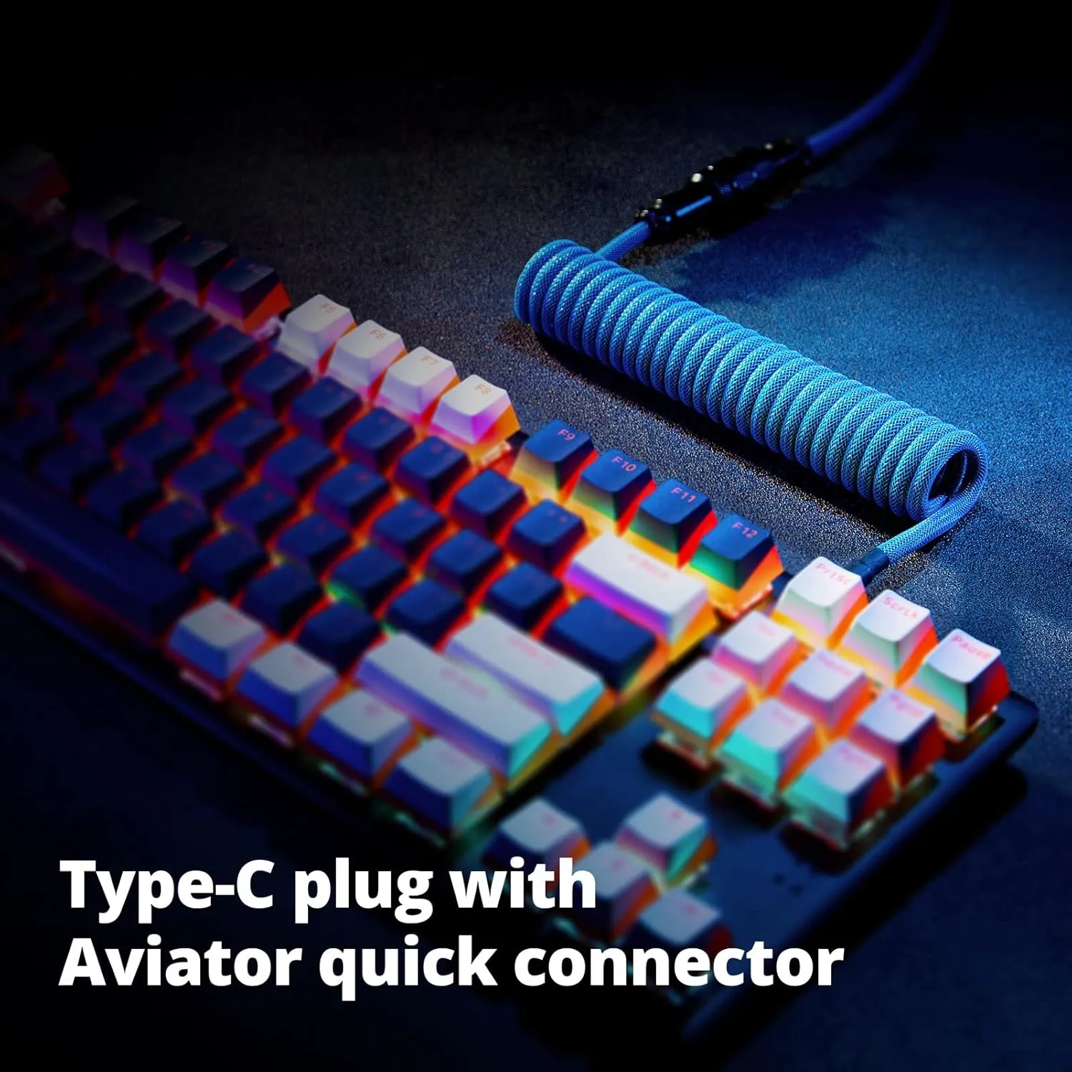 GUNMJO Pro Custom Coiled USB C Cable for Gaming Keyboard, Double-Sleeved Mechanical Keyboard Cable with Detachable Metal Aviator, 1.5M USB-C to USB-A, Blue Color