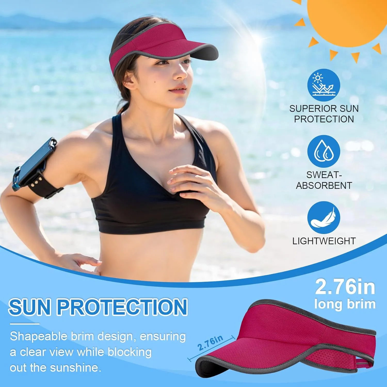 Sports Sun Visor for Men Women, Lightweight Soft Quick-Dry Visor Hat, Packable Tennis Golf Running Visor